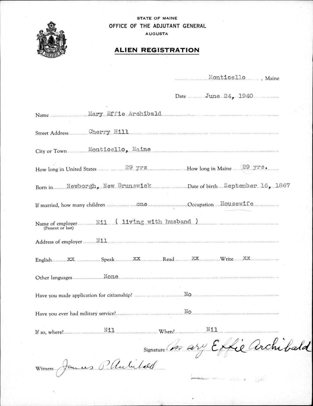 Alien Registration- Archibald, Mary E. (Monticello, Aroostook County)