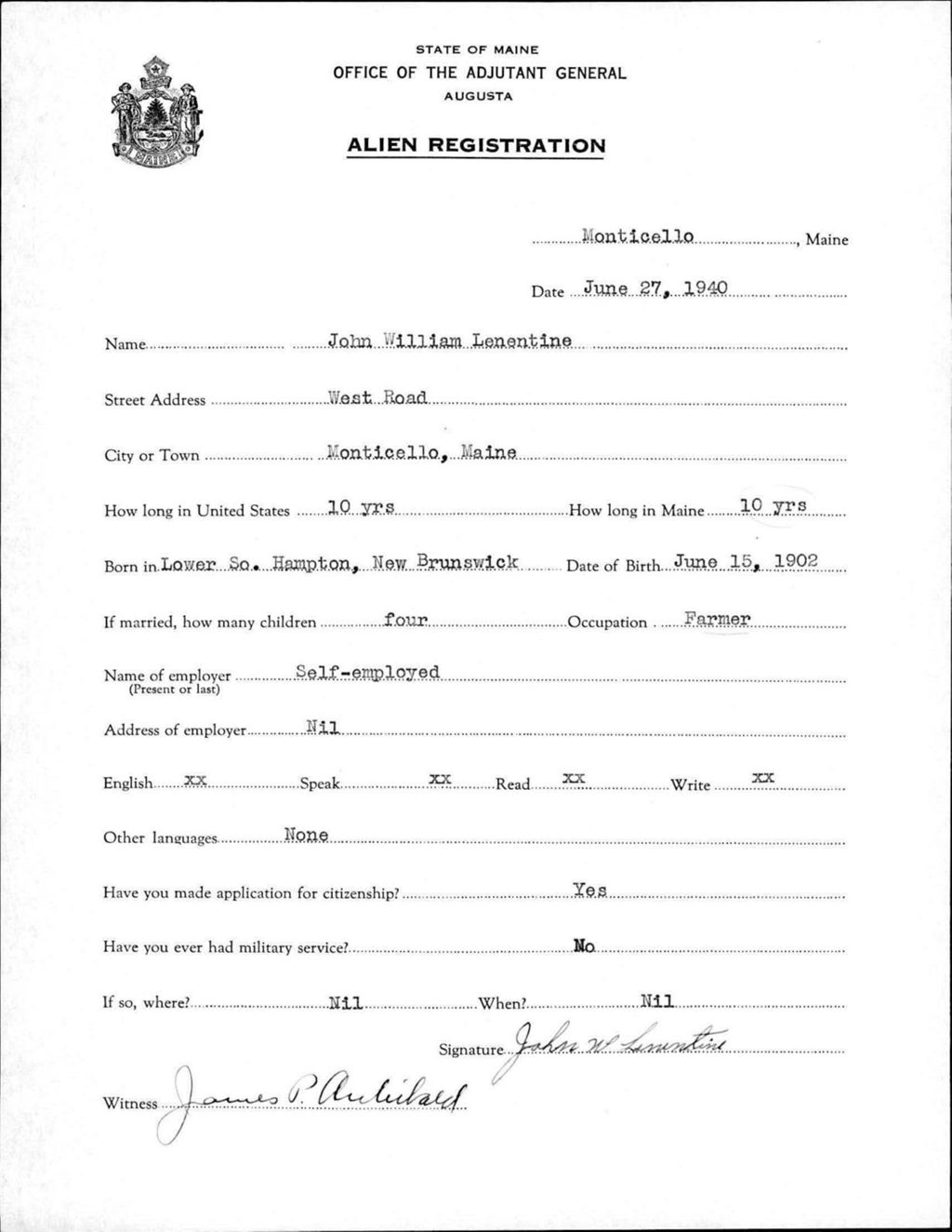Alien Registration- Lenentine, John W. (Monticello, Aroostook County)