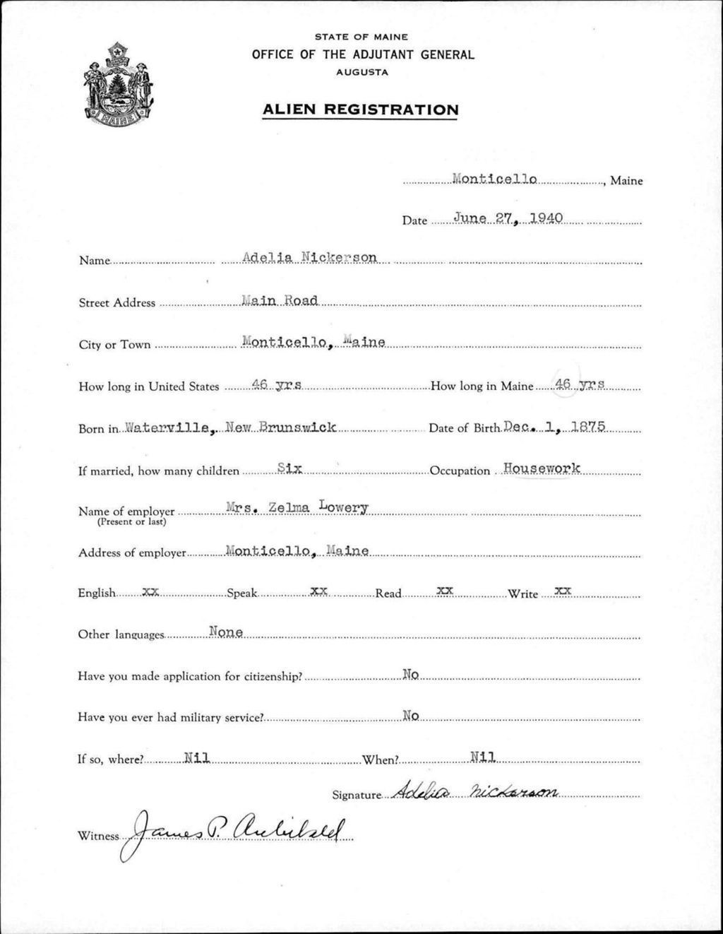 Alien Registration- Nickerson, Adelia (Monticello, Aroostook County)