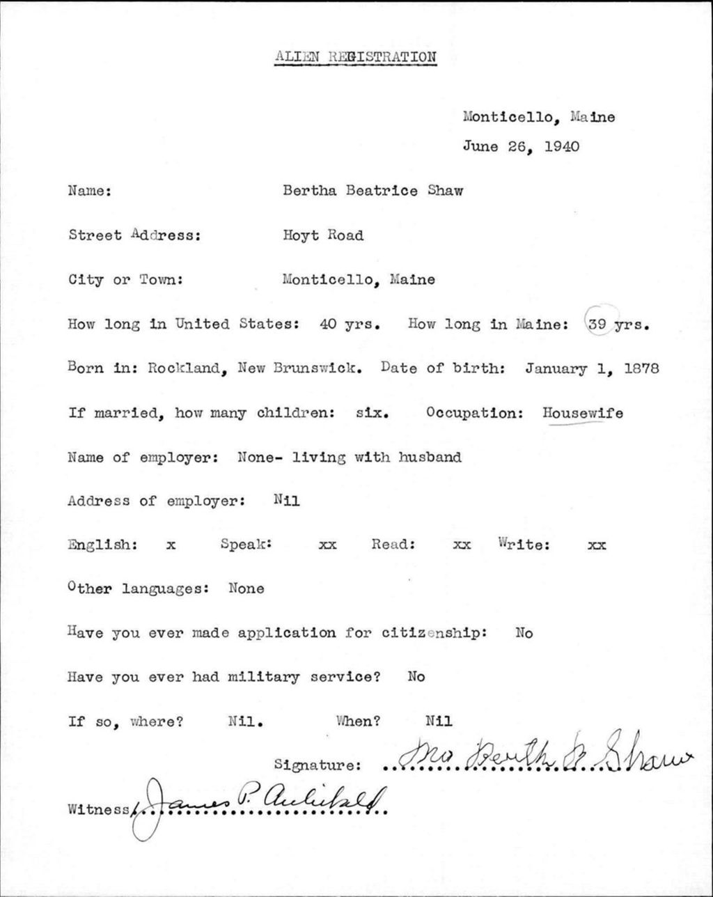 Alien Registration- Shaw, Bertha B. (Monticello, Aroostook County)