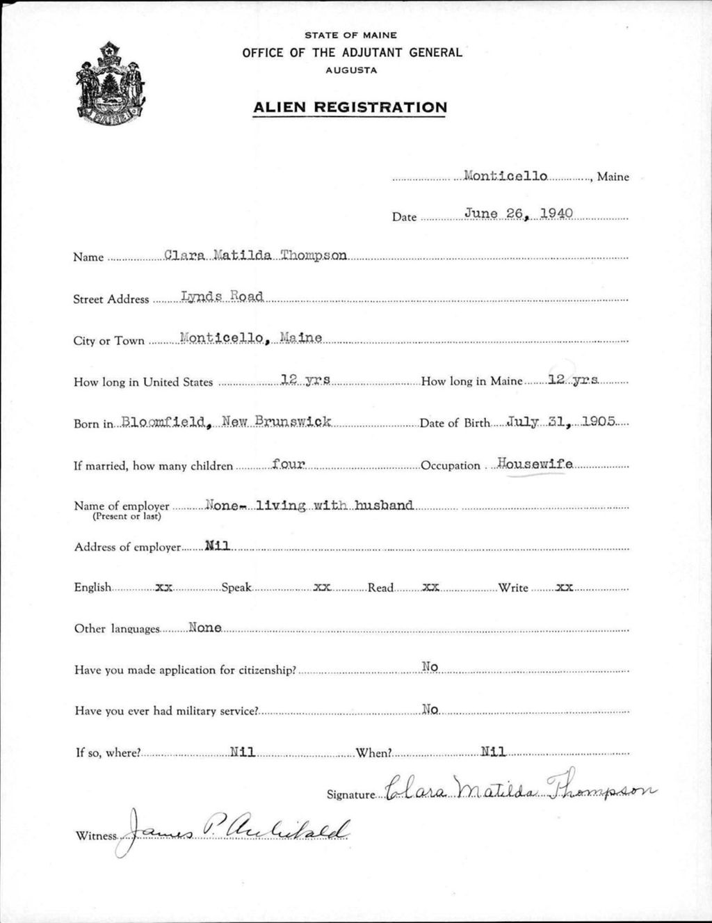 Alien Registration- Thompson, Clara M. (Monticello, Aroostook County)