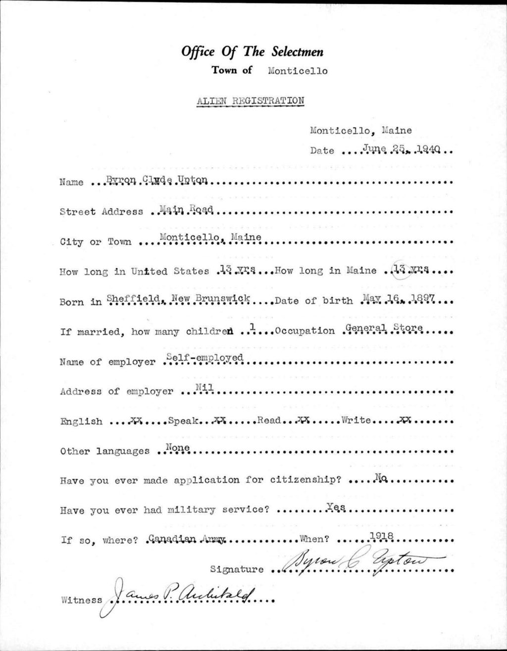 Alien Registration- Upton, Byron C. (Monticello, Aroostook County)
