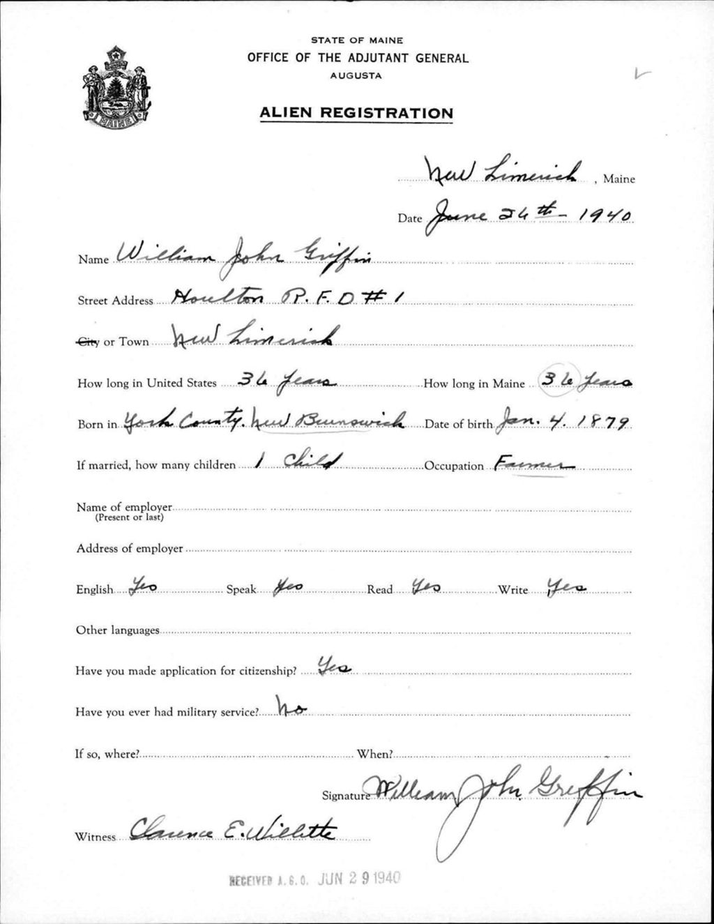 Alien Registration- Griffin, William J. (New Limerick, Aroostook County)