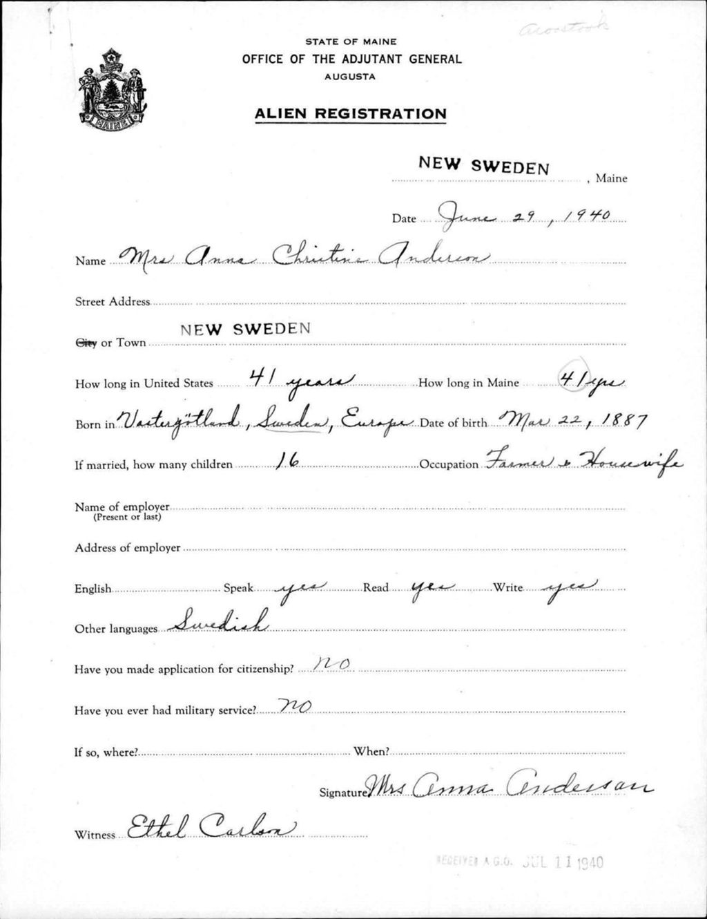Alien Registration- Anderson, Anna C. (New Sweden, Aroostook County)