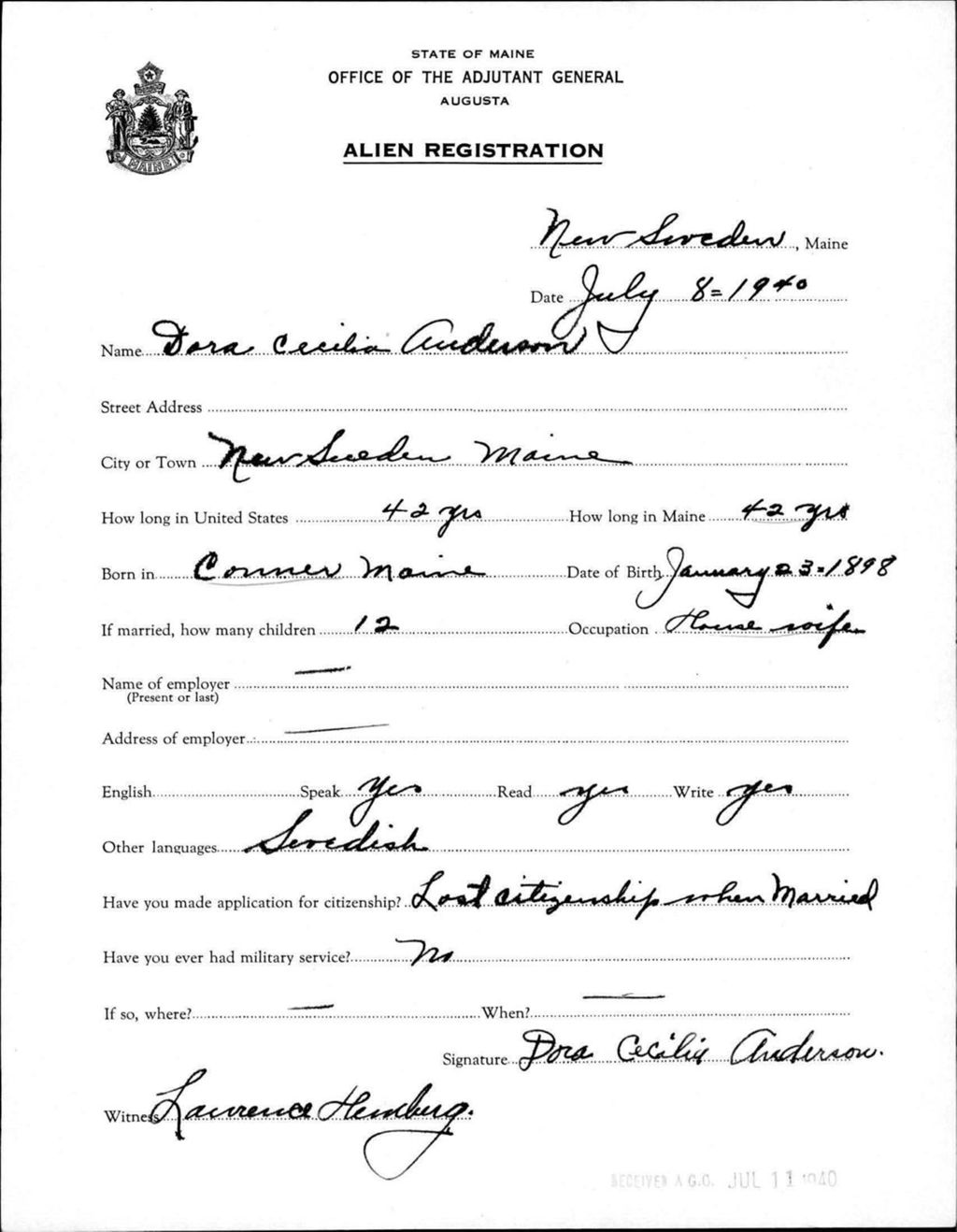 Alien Registration- Anderson, Dora C. (New Sweden, Aroostook County)