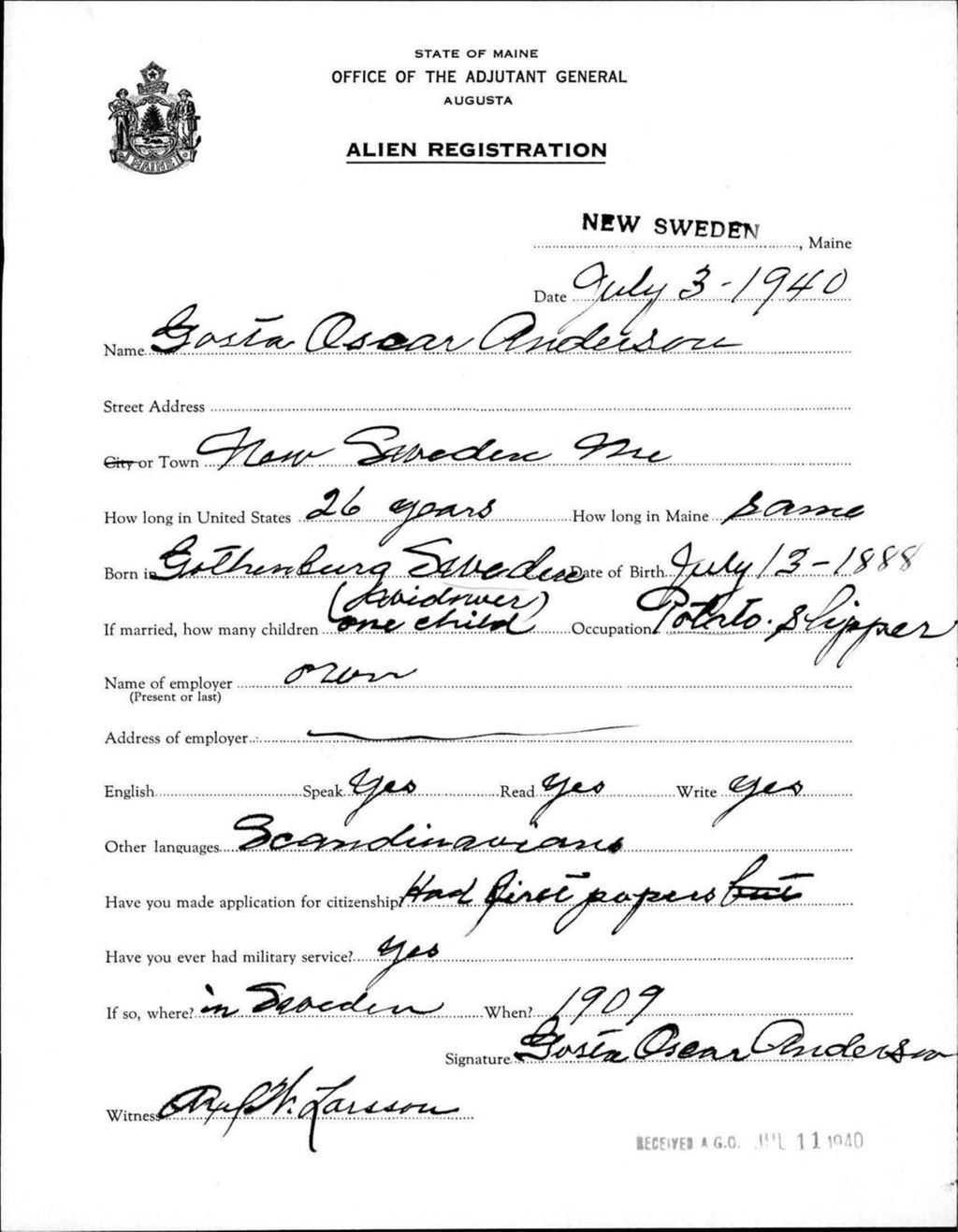 Alien Registration- Anderson, Gosia O. (New Sweden, Aroostook County)