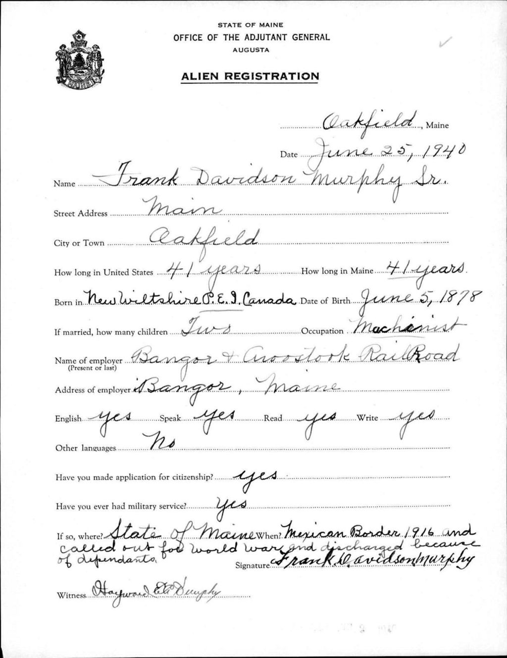 Alien Registration- Murphy, Frank D.,Sr. (Oakfield, Aroostook County)