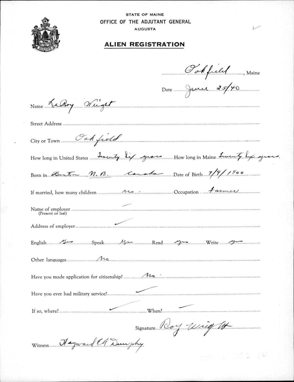 Alien Registration- Wright, Leroy (Oakfield, Aroostook County)