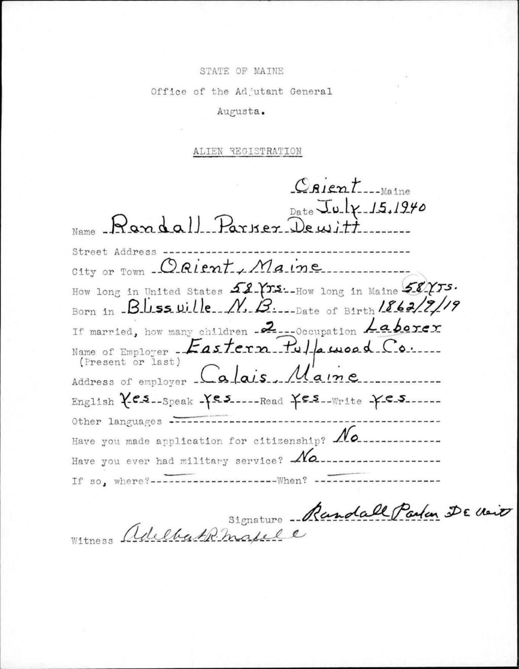 Alien Registration- Dewitt, Randall P. (Orient, Aroostook County)
