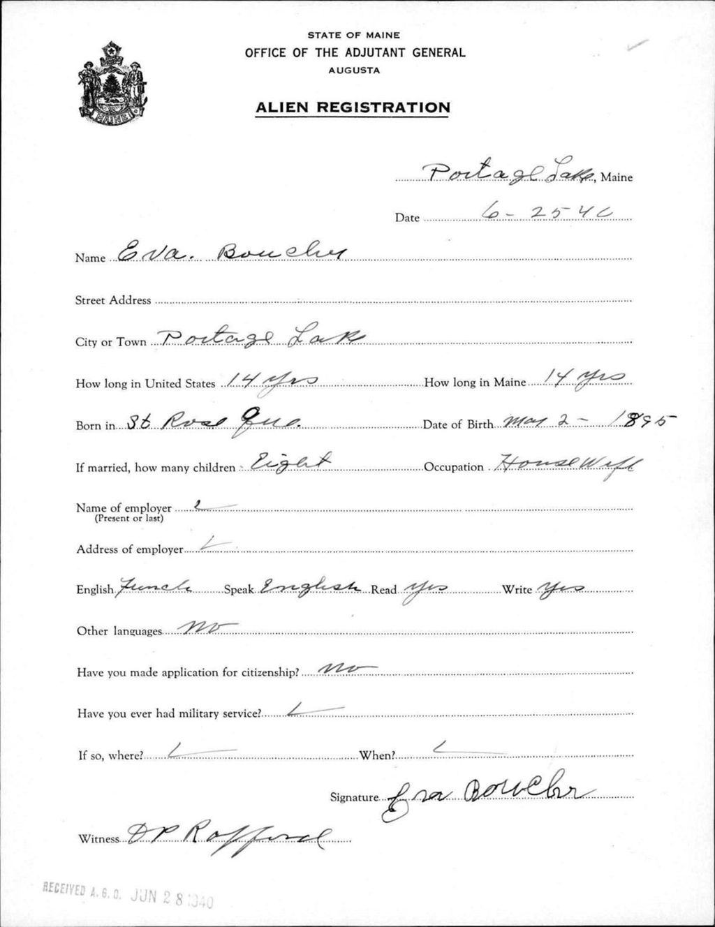 Alien Registration- Boucher, Eva (Portage Lake, Aroostook County)