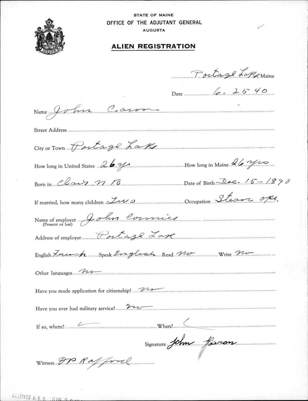 Alien Registration- Caron, John (Portage Lake, Aroostook County)