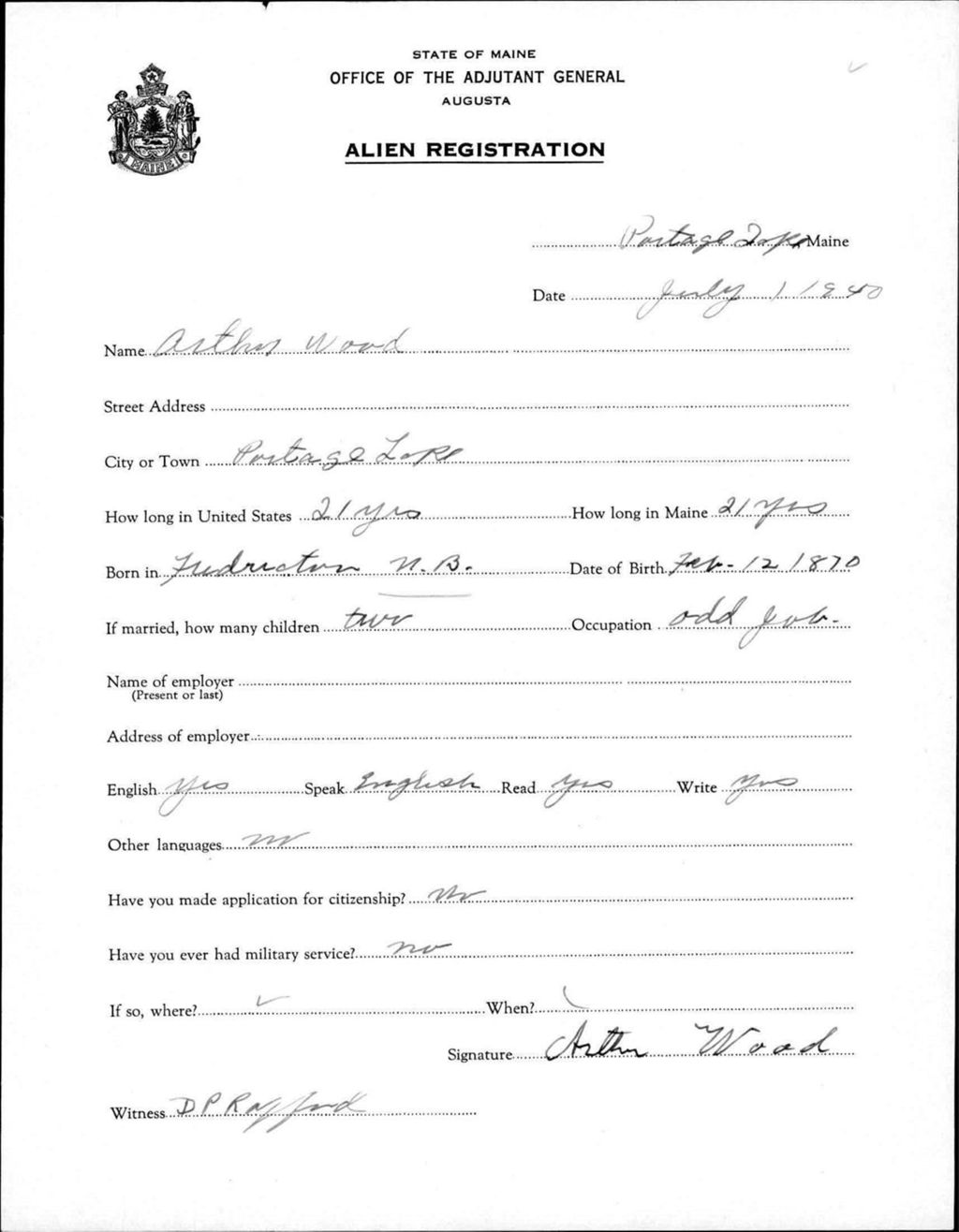 Alien Registration- Wood, Arthur (Portage Lake, Aroostook County)