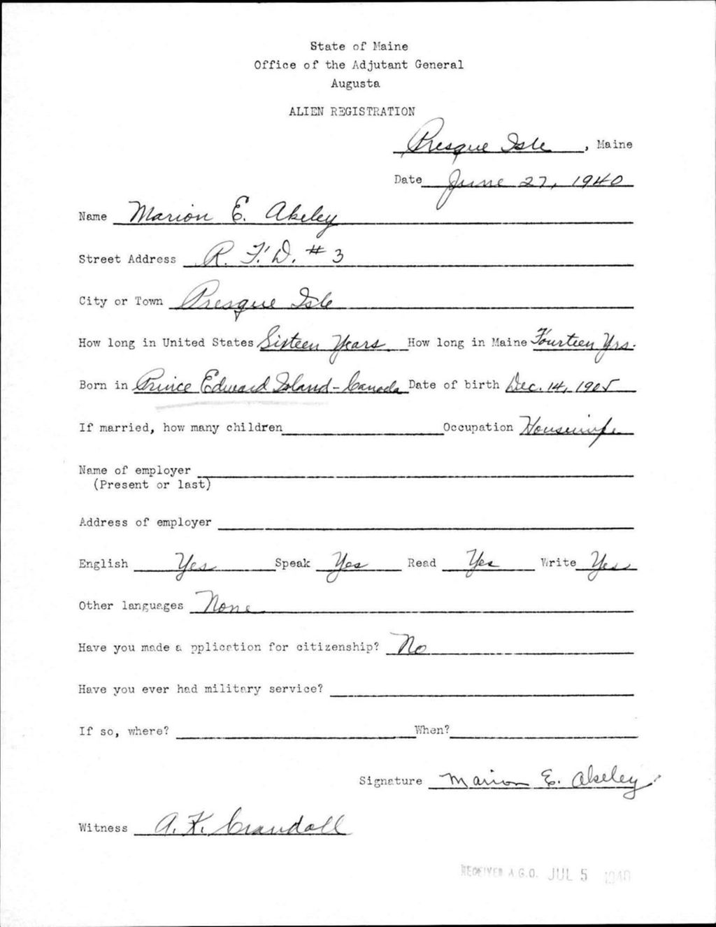 Alien Registration- Akeley, Marion E. (Presque Isle, Aroostook County)