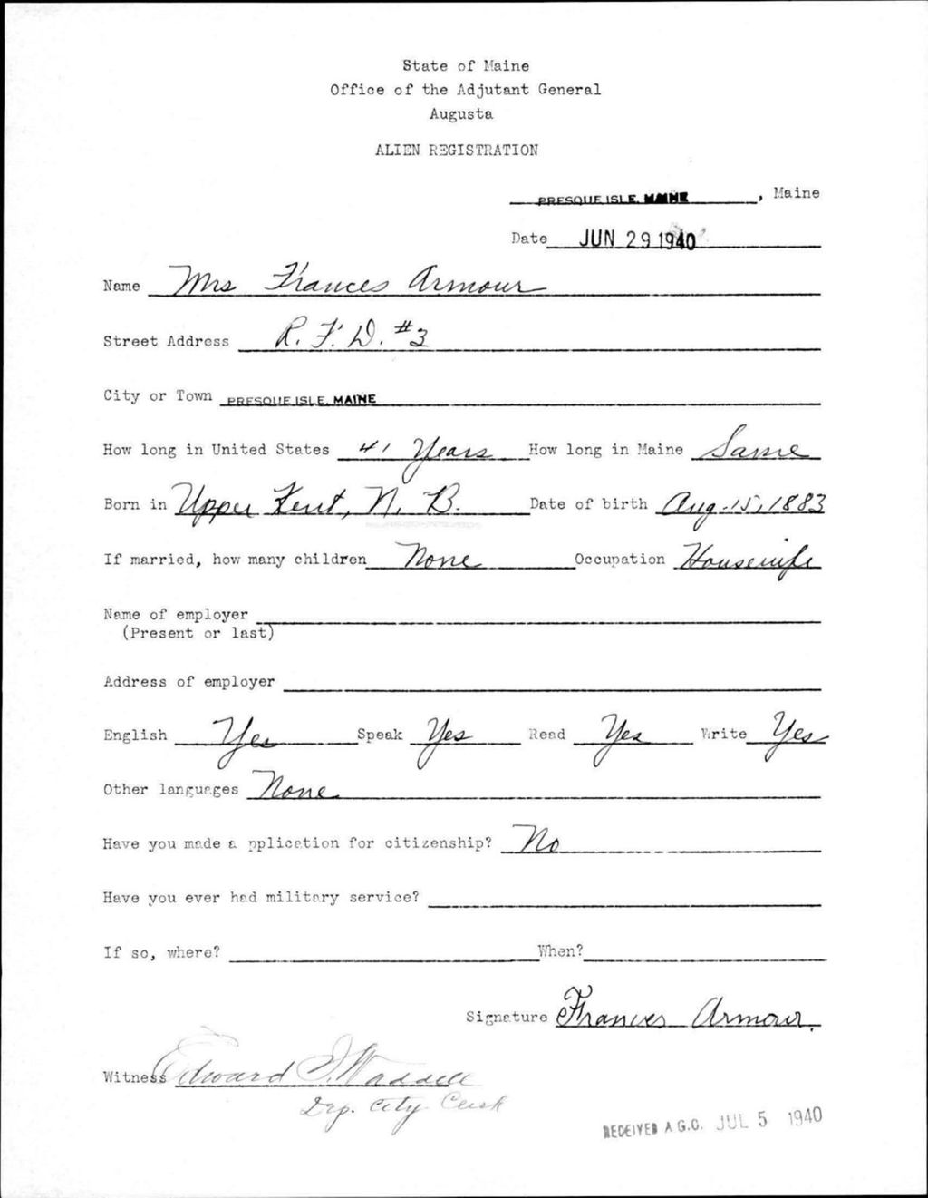 Alien Registration- Armour, Frances (Presque Isle, Aroostook County)