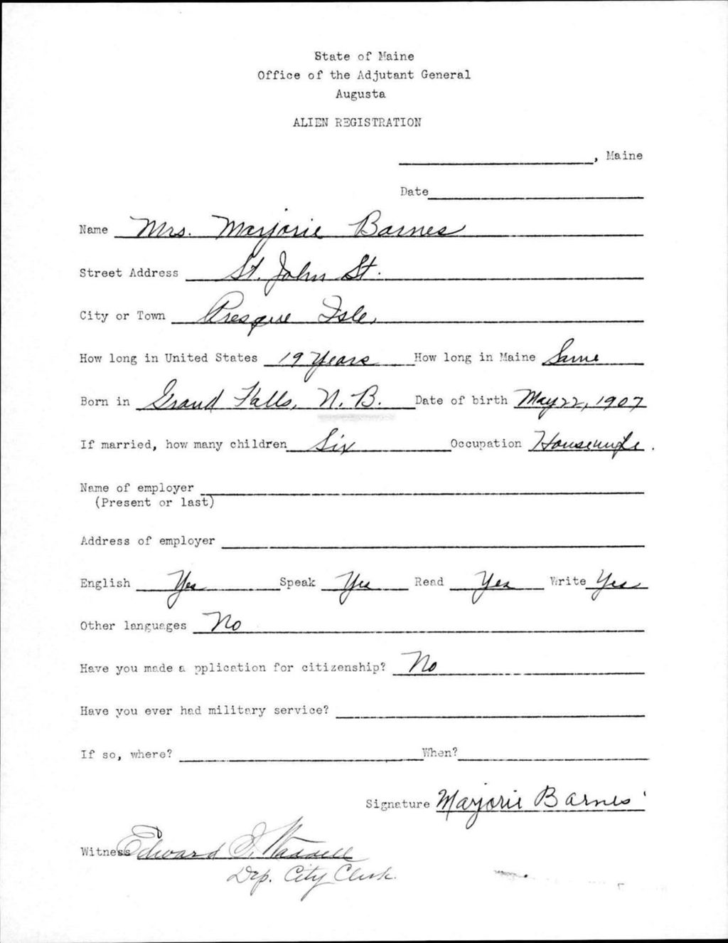 Alien Registration- Barnes, Marjorie (Presque Isle, Aroostook County)