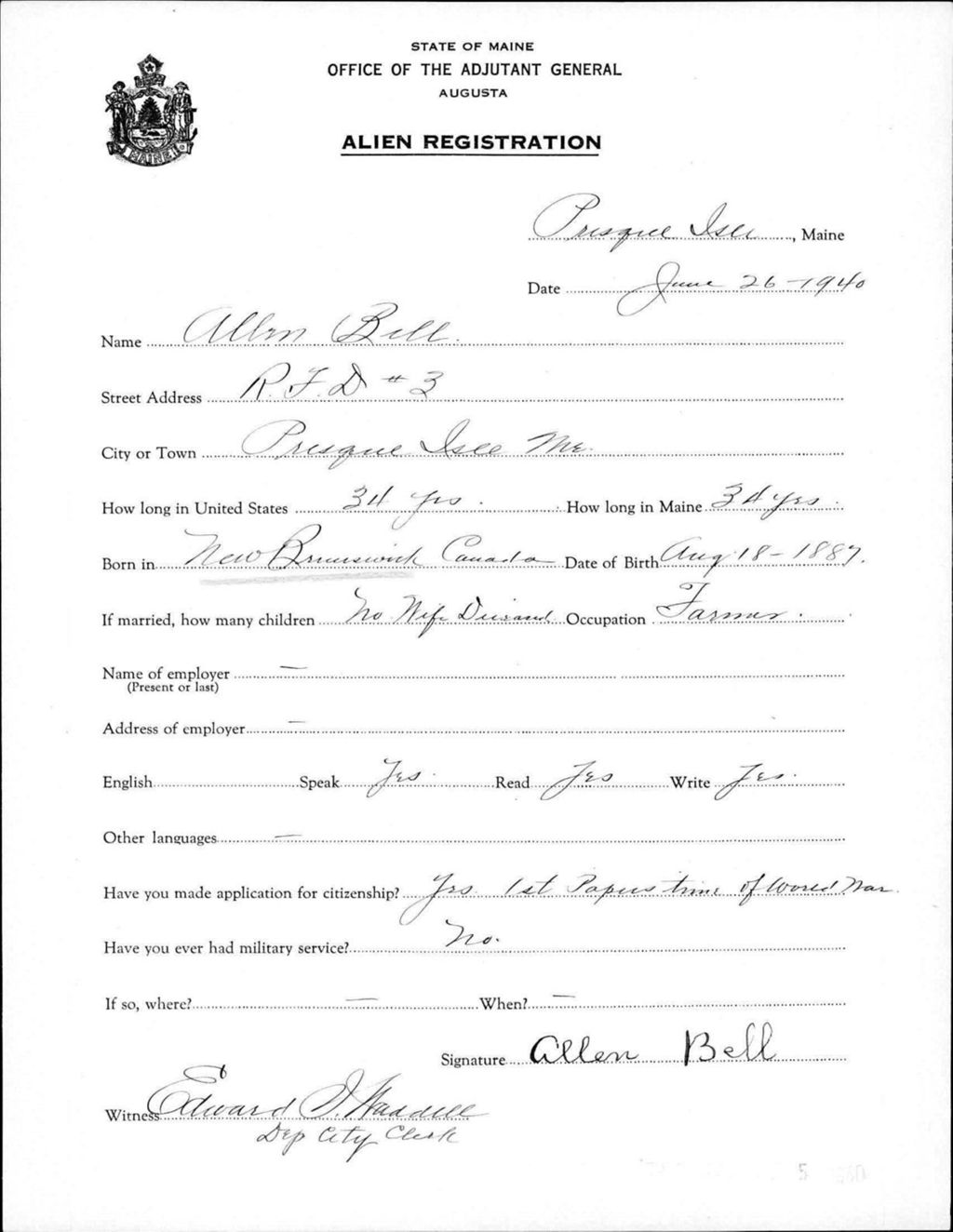 Alien Registration- Bell, Allen (Presque Isle, Aroostook County)