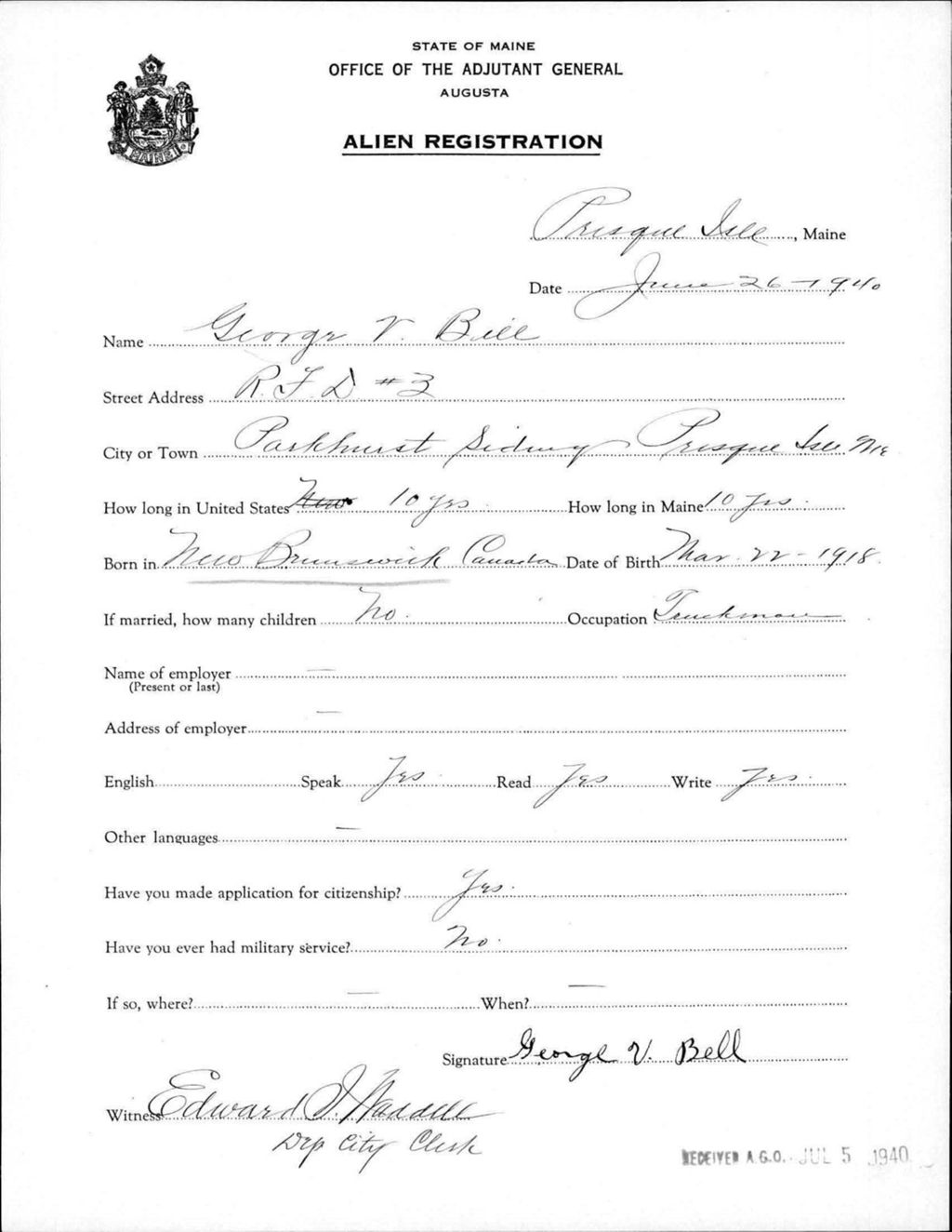 Alien Registration- Bell, George V. (Presque Isle, Aroostook County)