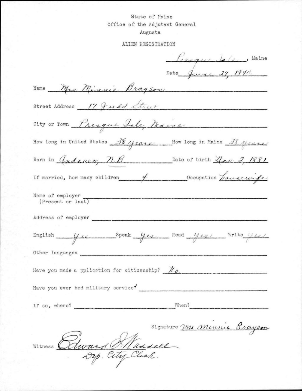 Alien Registration- Brayson, Minnie (Presque Isle, Aroostook County)