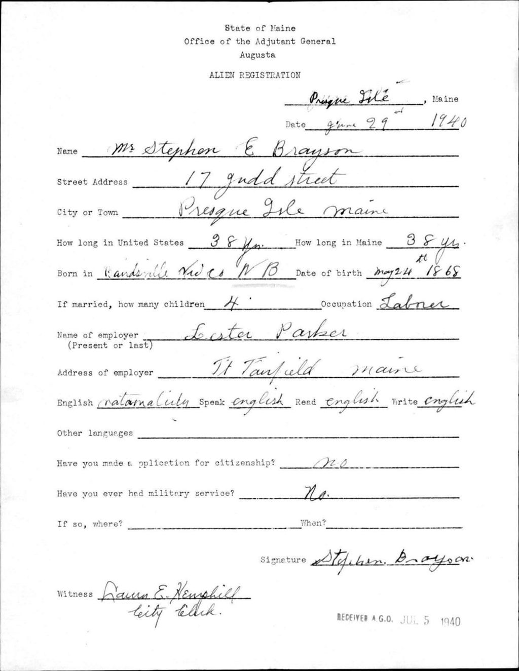Alien Registration- Brayson, Stephen E. (Presque Isle, Aroostook County)