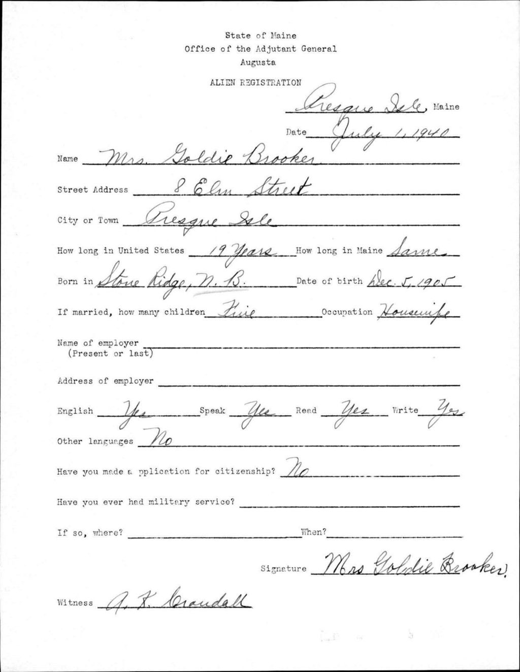 Alien Registration- Brooker, Goldie (Presque Isle, Aroostook County)