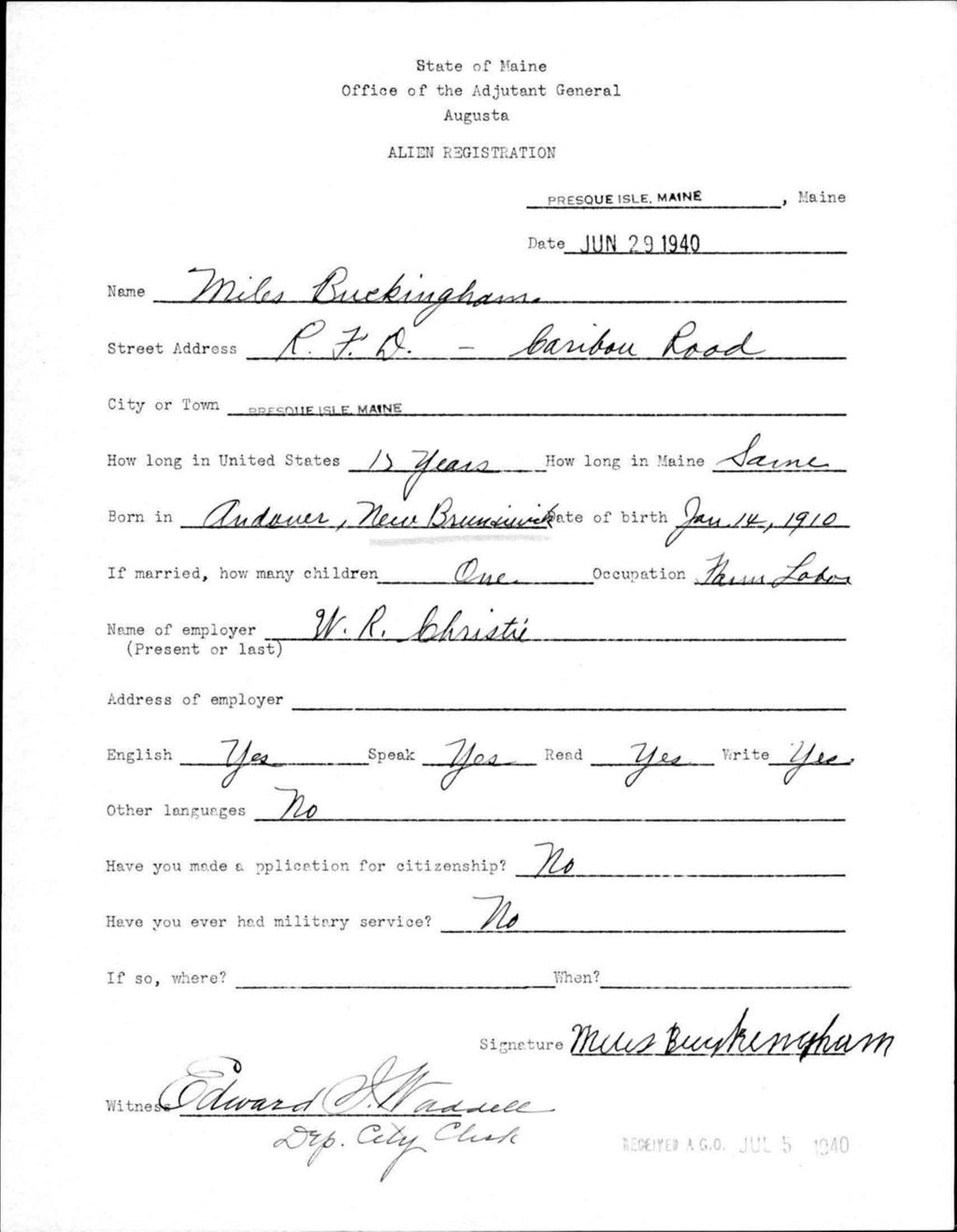 Alien Registration- Buckingham, Miles (Presque Isle, Aroostook County)