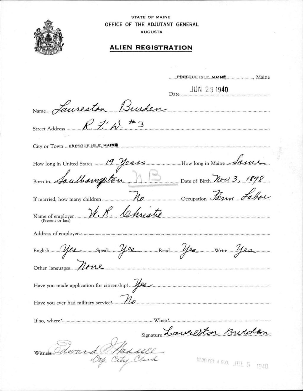 Alien Registration- Burden, Laureston (Presque Isle, Aroostook County)