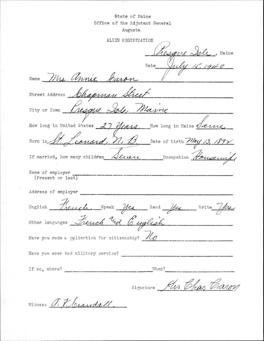 Alien Registration- Caron, Annie (Presque Isle, Aroostook County)
