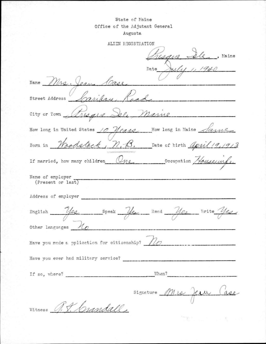 Alien Registration- Case, Jean (Presque Isle, Aroostook County)