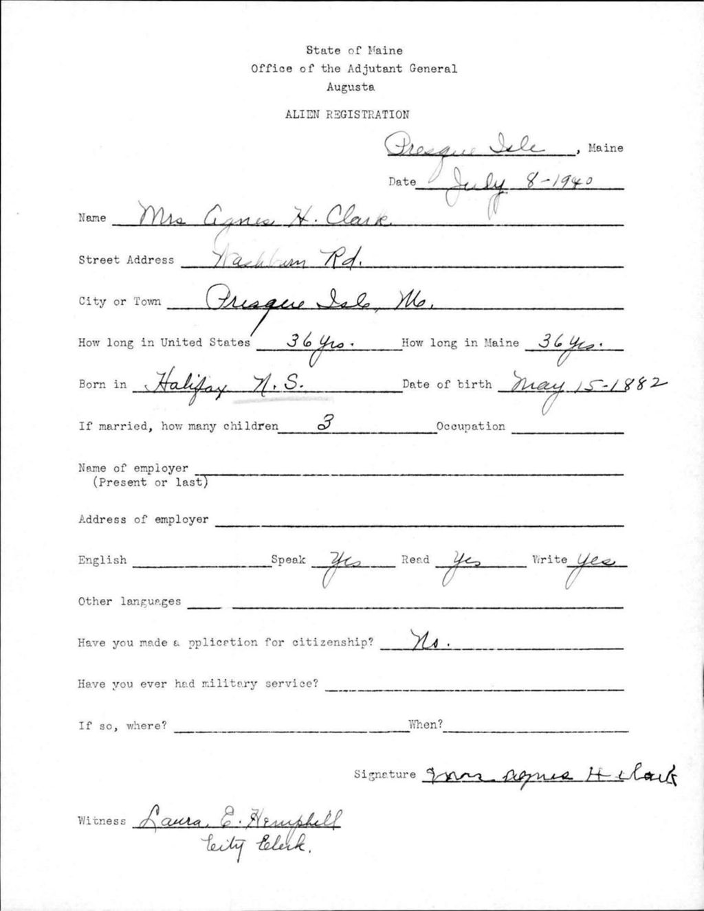Alien Registration- Clark, Agnes H. (Presque Isle, Aroostook County)