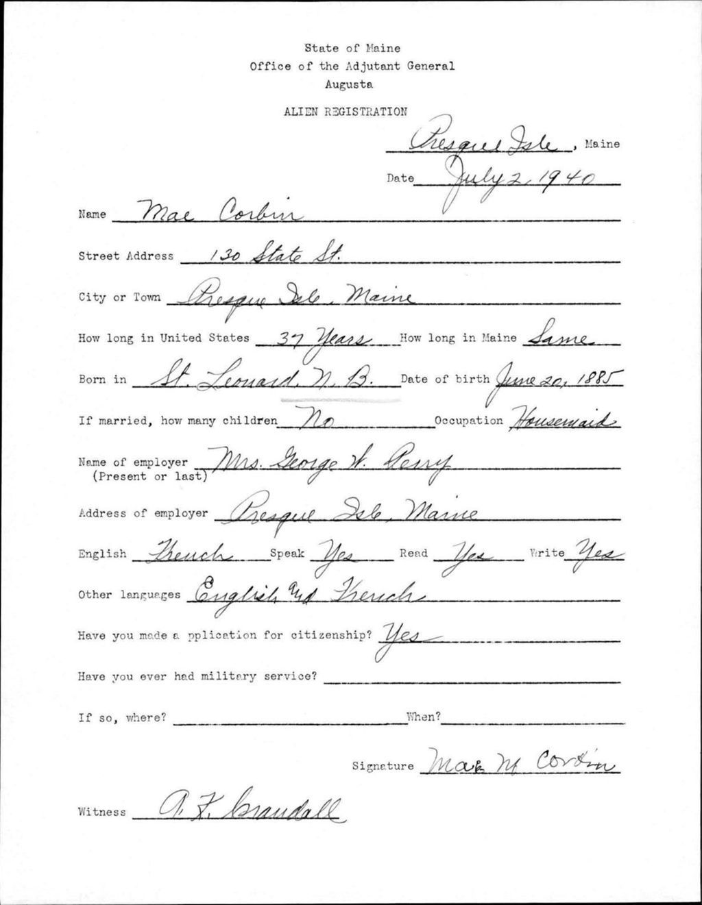 Alien Registration- Corbin, Mae (Presque Isle, Aroostook County)
