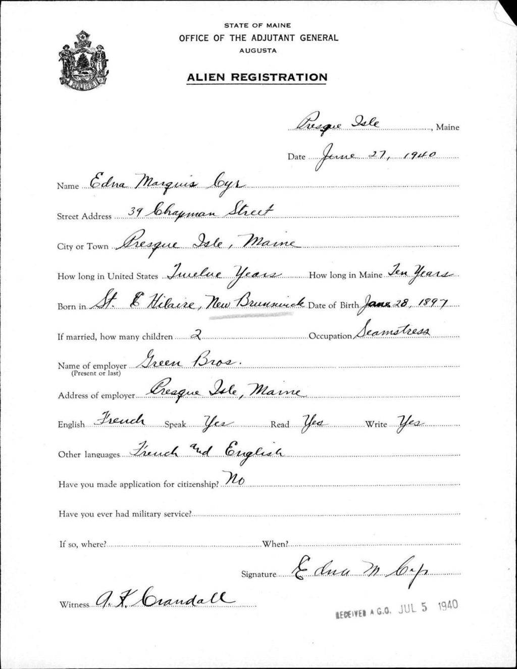 Alien Registration- Marquis, Edna (Presque Isle, Aroostook County)