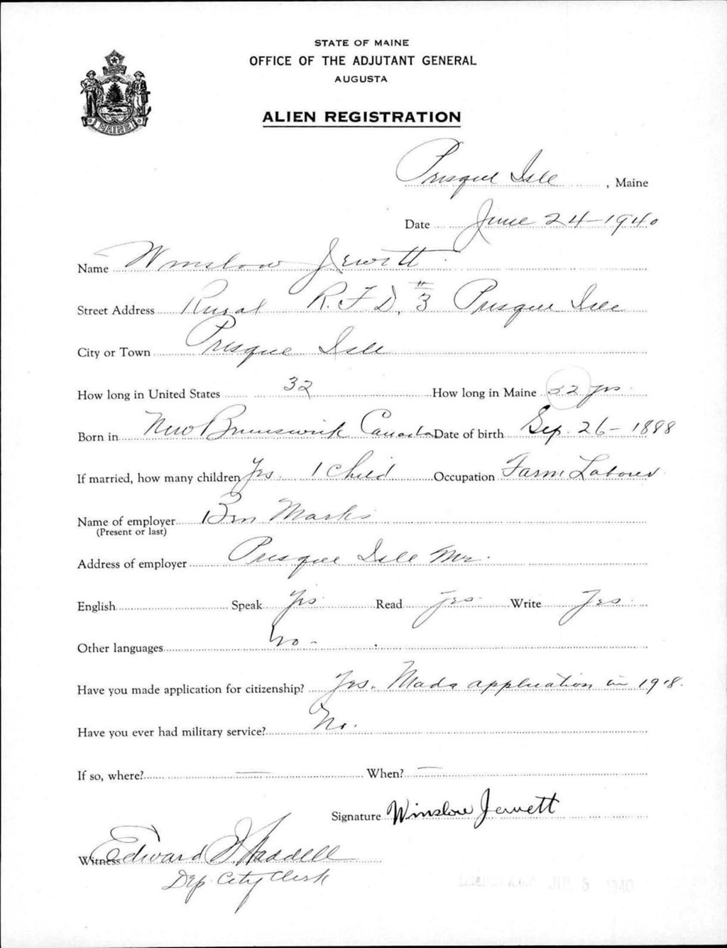 Alien Registration- Jewett, Winslow (Presque Isle, Aroostook County)