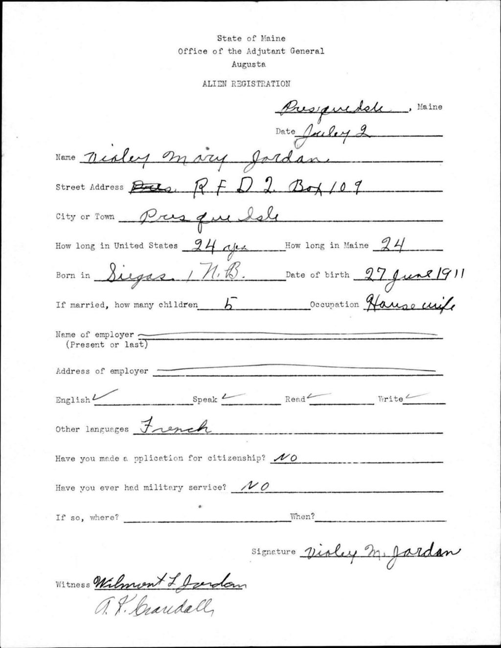 Alien Registration- Jordan, Violey M. (Presque Isle, Aroostook County)