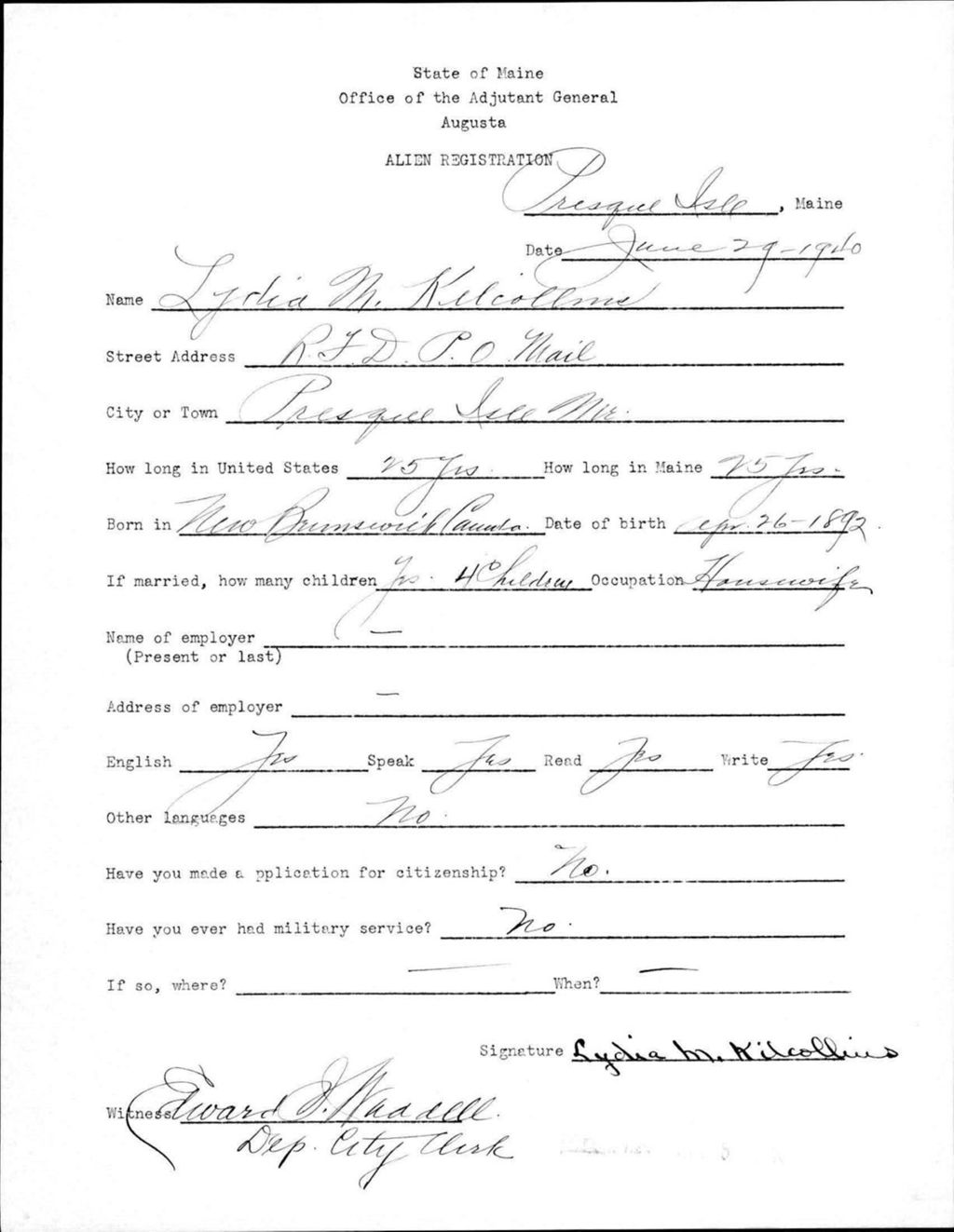 Alien Registration- Kilcollins, Lydia M. (Presque Isle, Aroostook County)