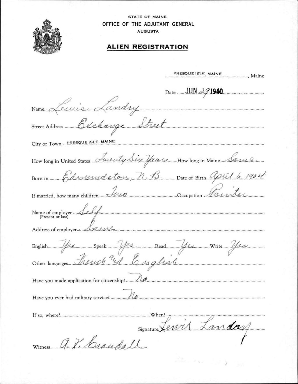 Alien Registration- Landry, Lewis (Presque Isle, Aroostook County)