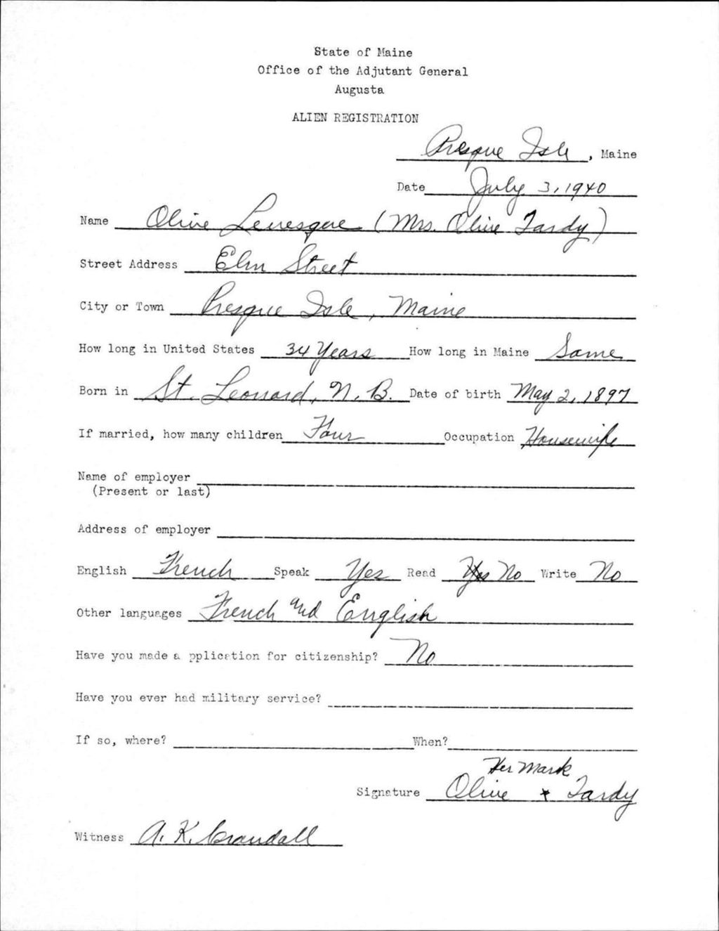 Alien Registration- Levesque, Olive (Presque Isle, Aroostook County)