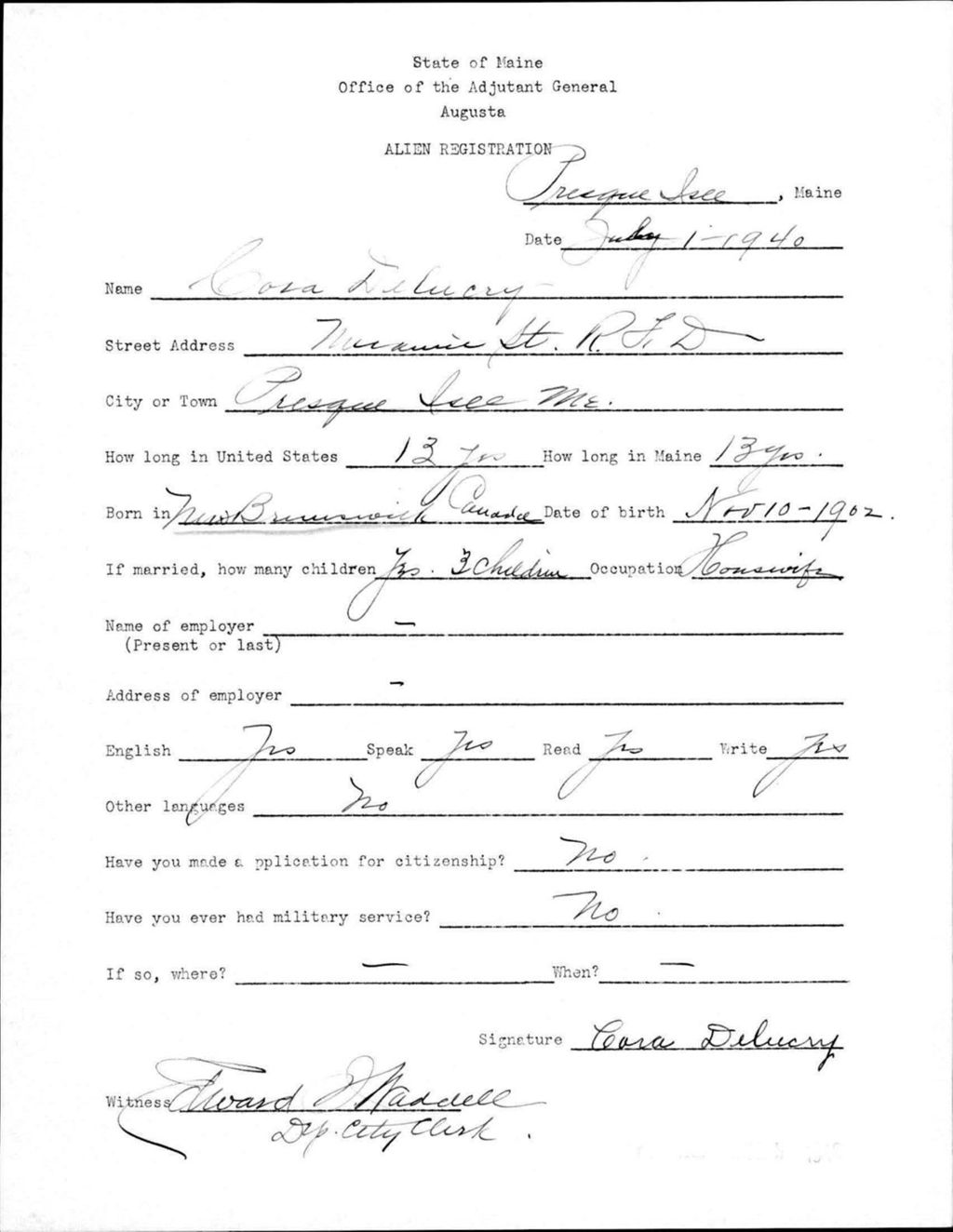 Alien Registration- Delucry, Cora (Presque Isle, Aroostook County)