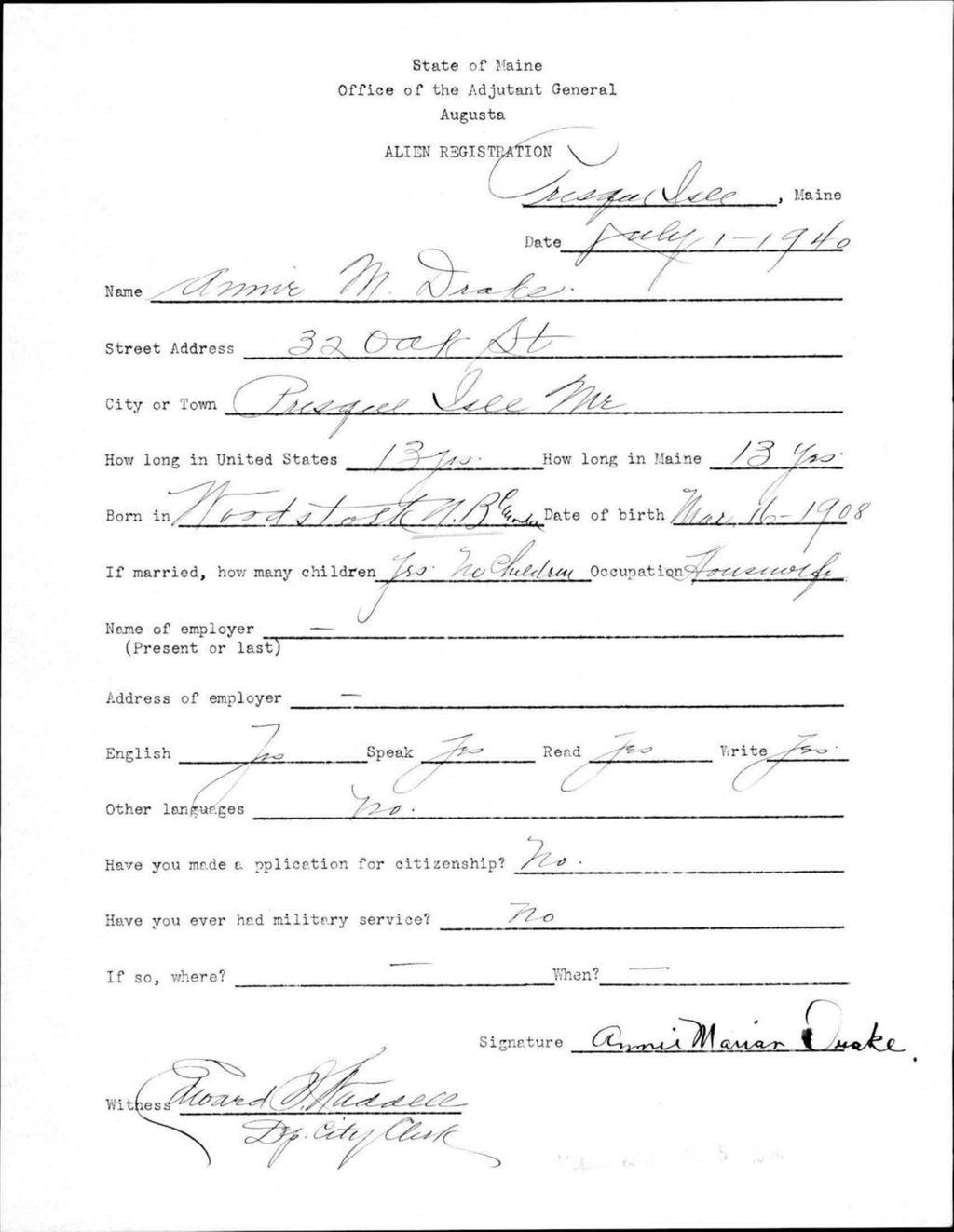 Alien Registration- Drake, Annie M. (Presque Isle, Aroostook County)