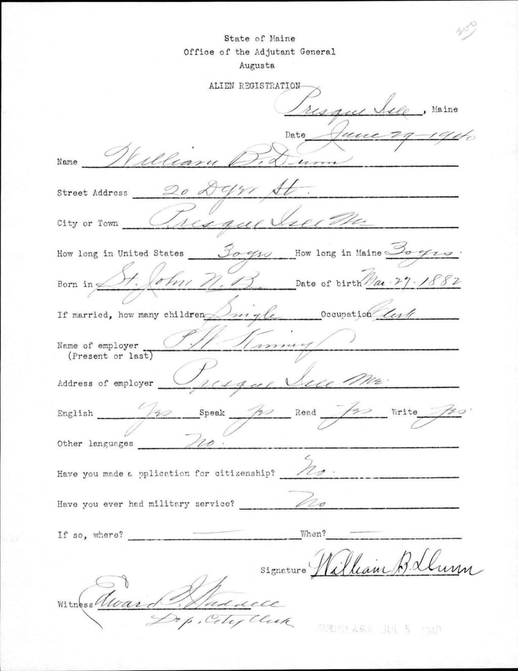 Alien Registration- Dunn, William B. (Presque Isle, Aroostook County)