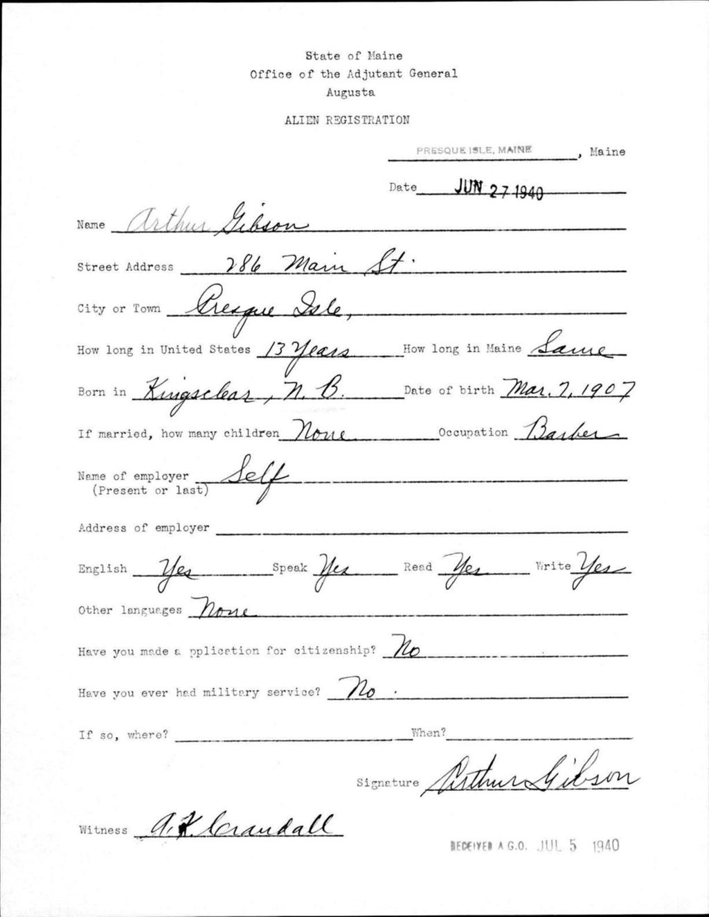 Alien Registration- Gibson, Arthur (Presque Isle, Aroostook County)