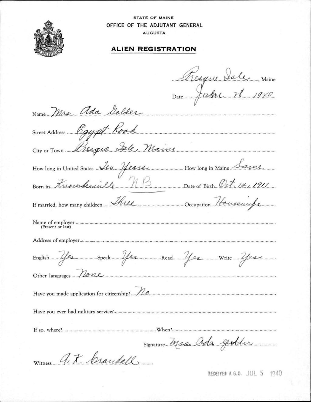 Alien Registration- Golder, Ada (Presque Isle, Aroostook County)