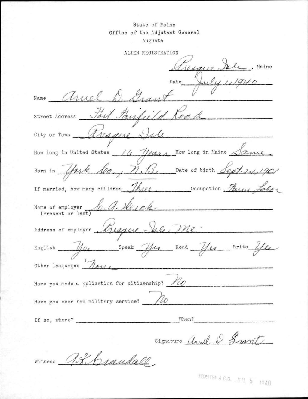 Alien Registration- Grant, Ariel D. (Presque Isle, Aroostook County)
