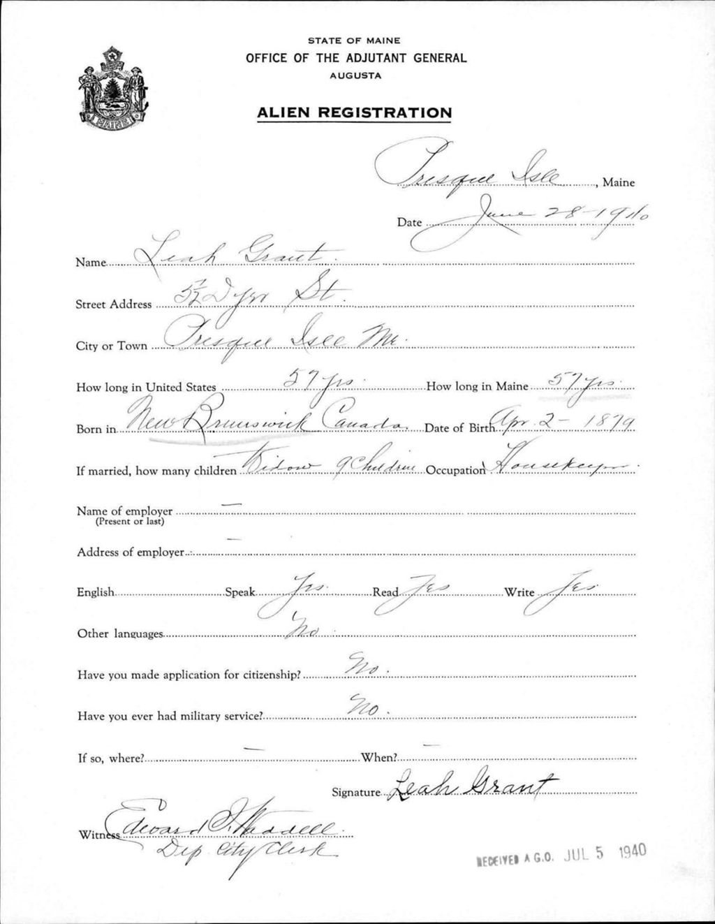 Alien Registration- Grant, Leah (Presque Isle, Aroostook County)
