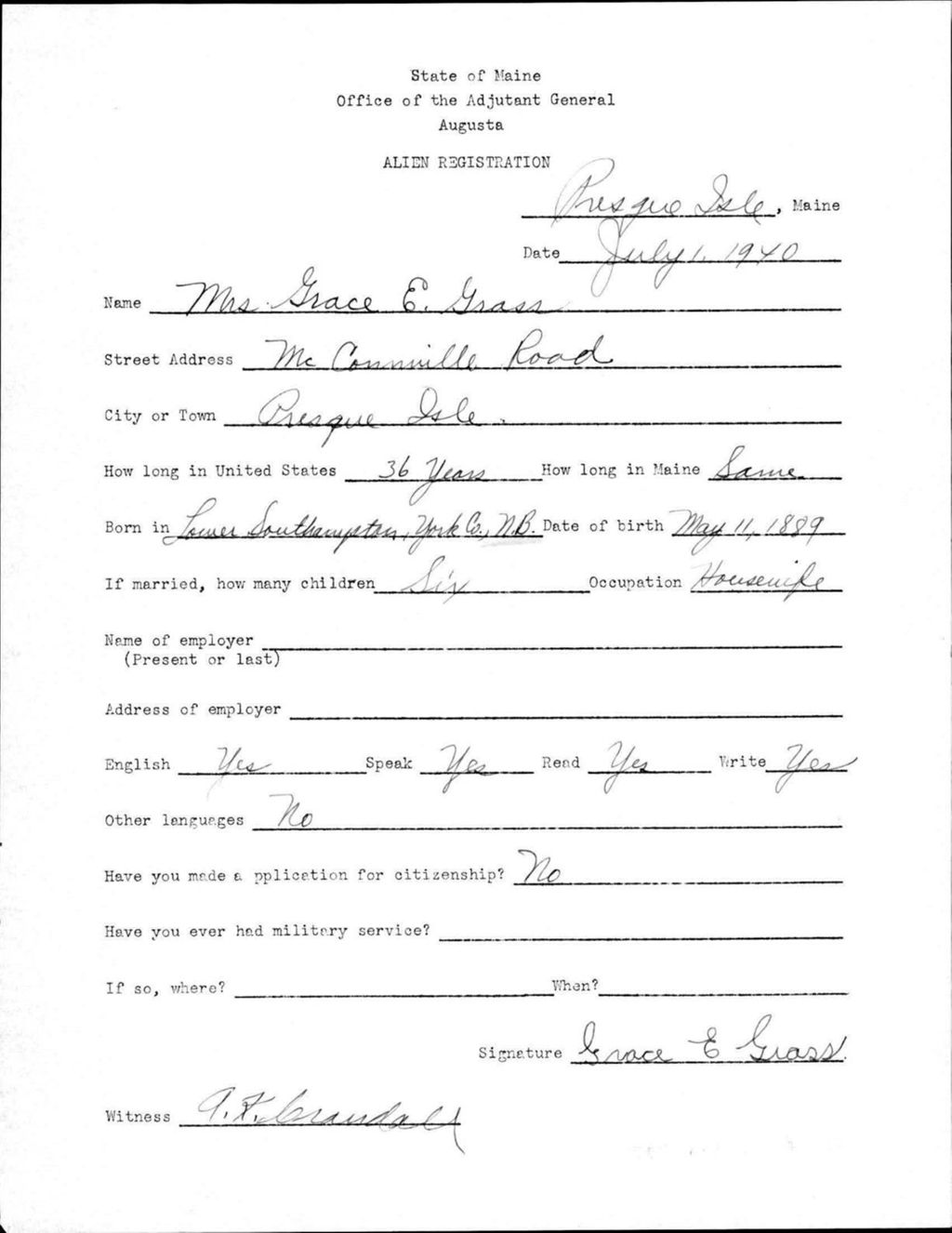 Alien Registration- Grass, Grace E. (Presque Isle, Aroostook County)