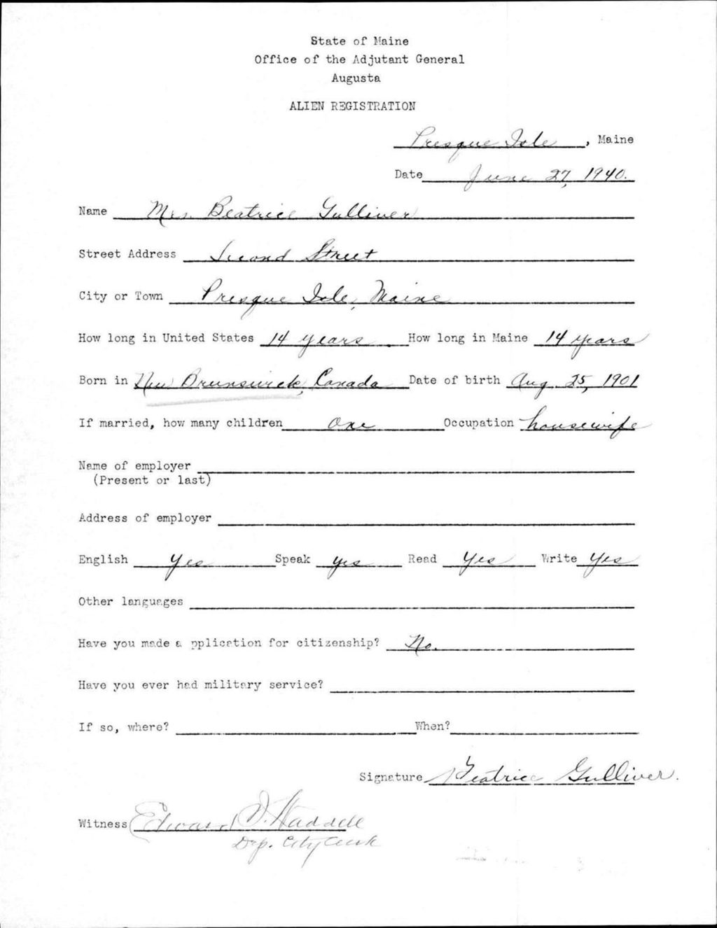 Alien Registration- Gulliver, Beatrice (Presque Isle, Aroostook County)