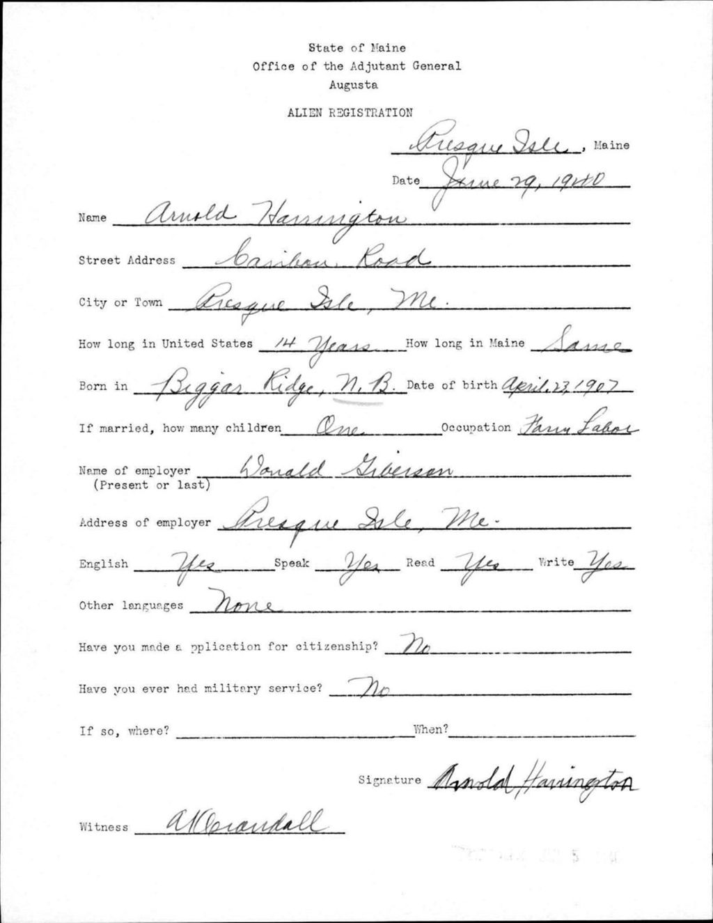 Alien Registration- Harrington, Arnold (Presque Isle, Aroostook County)