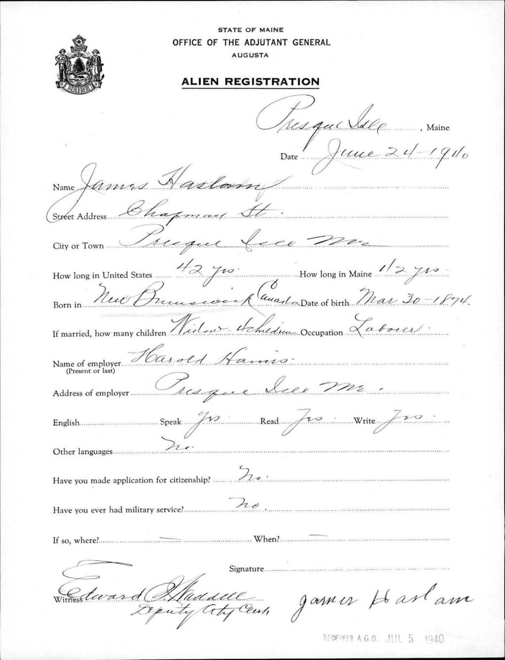 Alien Registration- Haslam, James (Presque Isle, Aroostook County)
