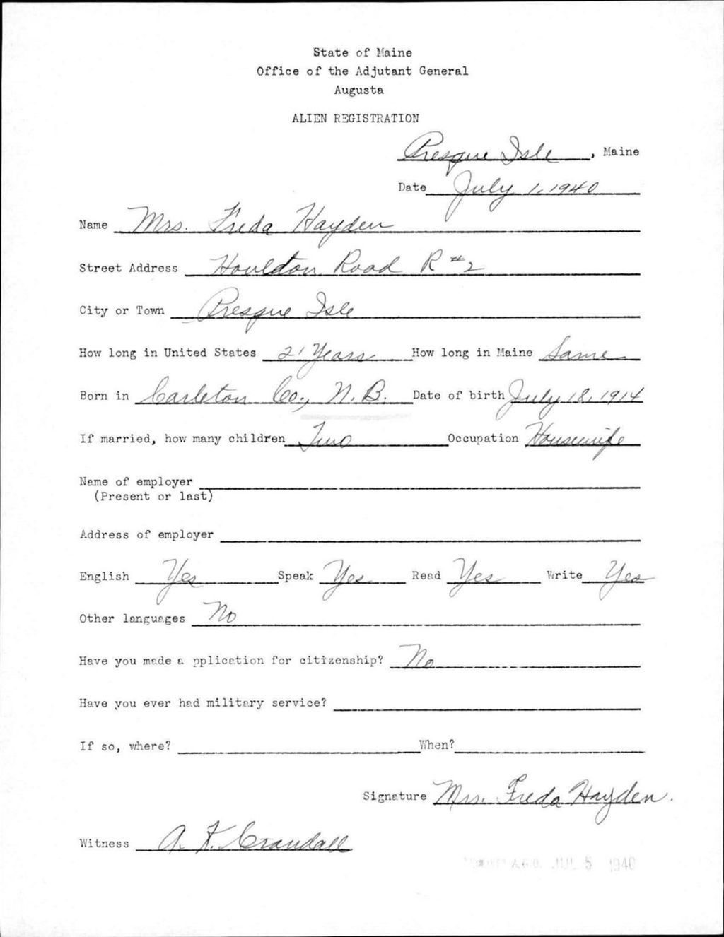 Alien Registration- Hayden, Freda (Presque Isle, Aroostook County)