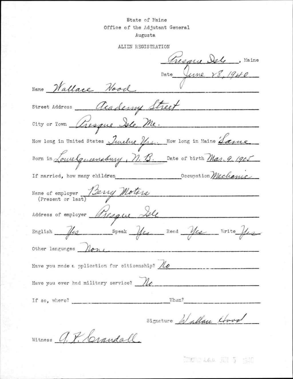Alien Registration- Hood, Wallace (Presque Isle, Aroostook County)