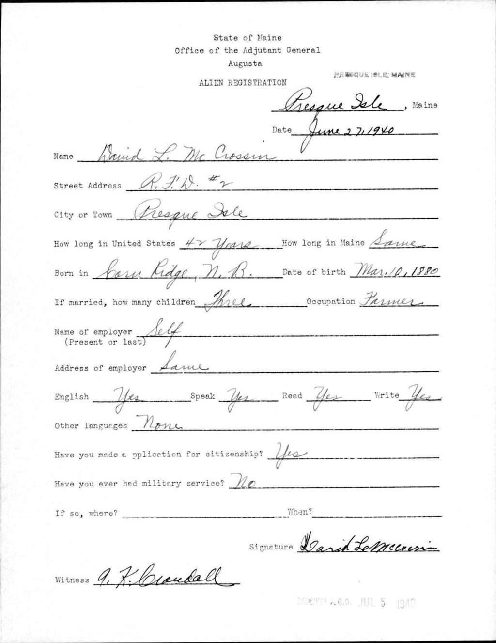 Alien Registration- Mccrossin, David L. (Presque Isle, Aroostook County)